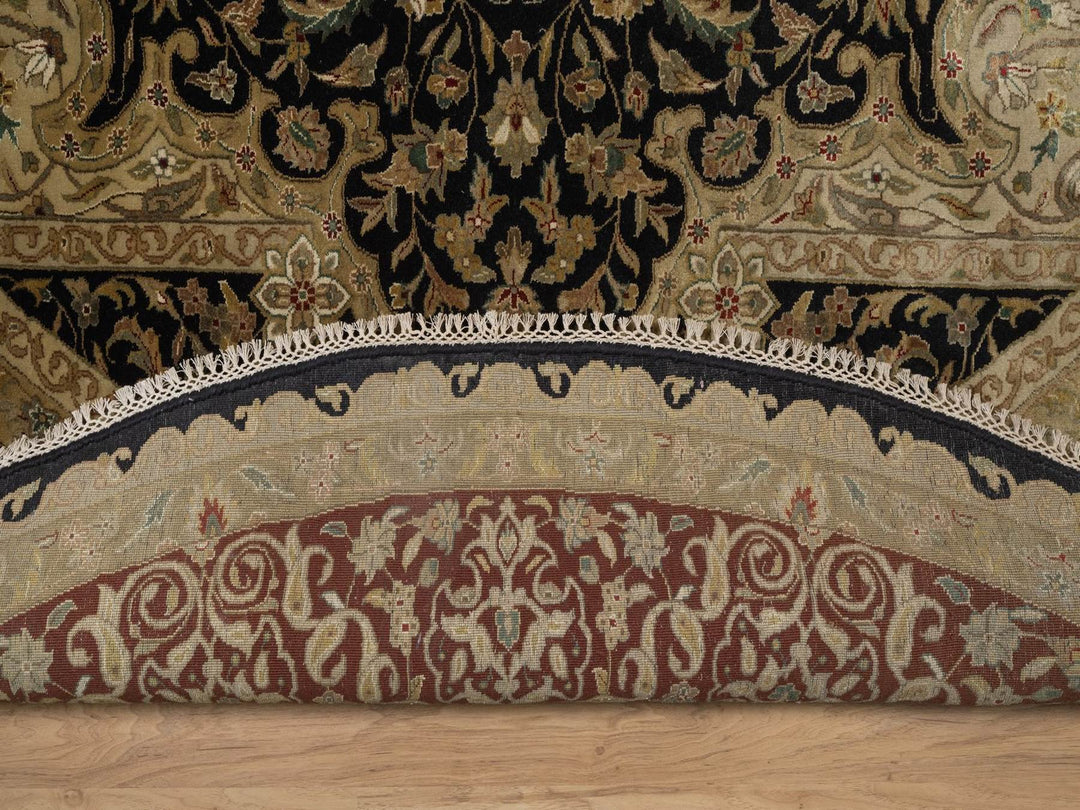 9'0" x 9'0" New Hand Knotted Black Wool & Silk Round Oriental Rug - MOA10292339