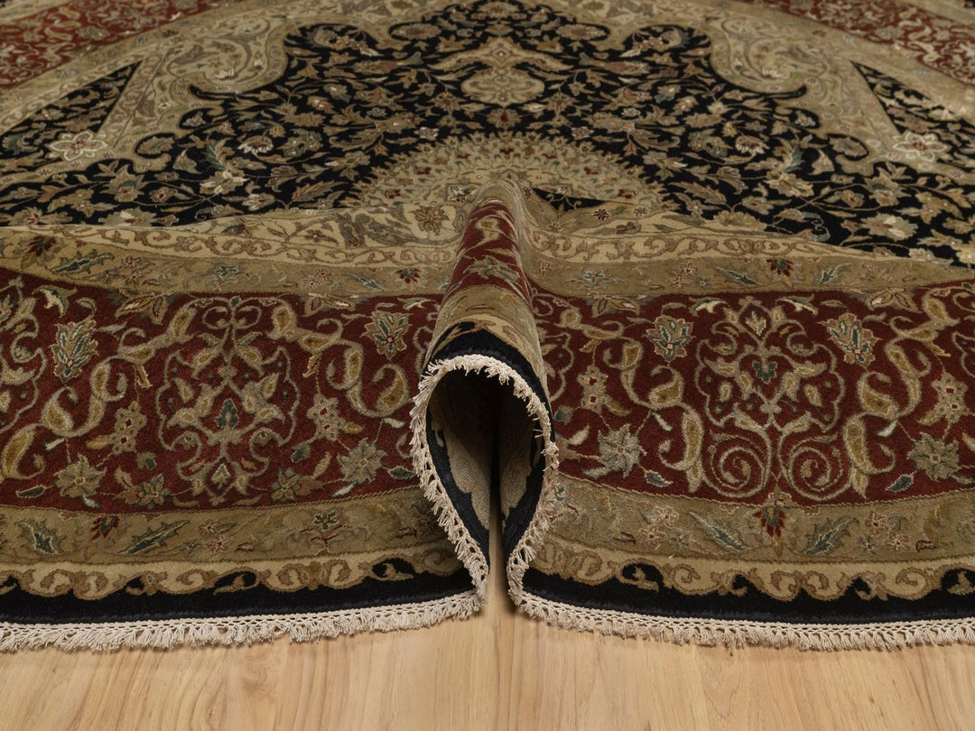 9'0" x 9'0" New Hand Knotted Black Wool & Silk Round Oriental Rug - MOA10292339