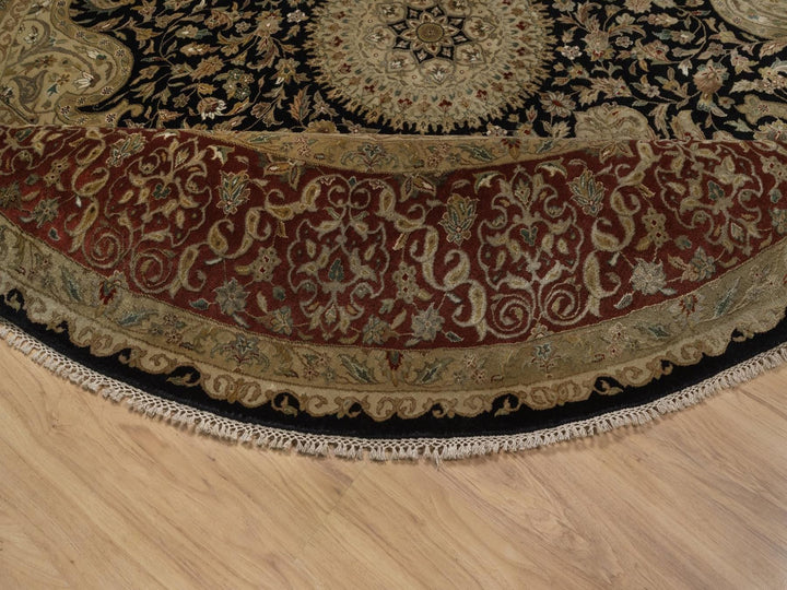 9'0" x 9'0" New Hand Knotted Black Wool & Silk Round Oriental Rug - MOA10292339