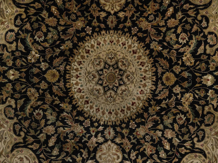 9'0" x 9'0" New Hand Knotted Black Wool & Silk Round Oriental Rug - MOA10292339