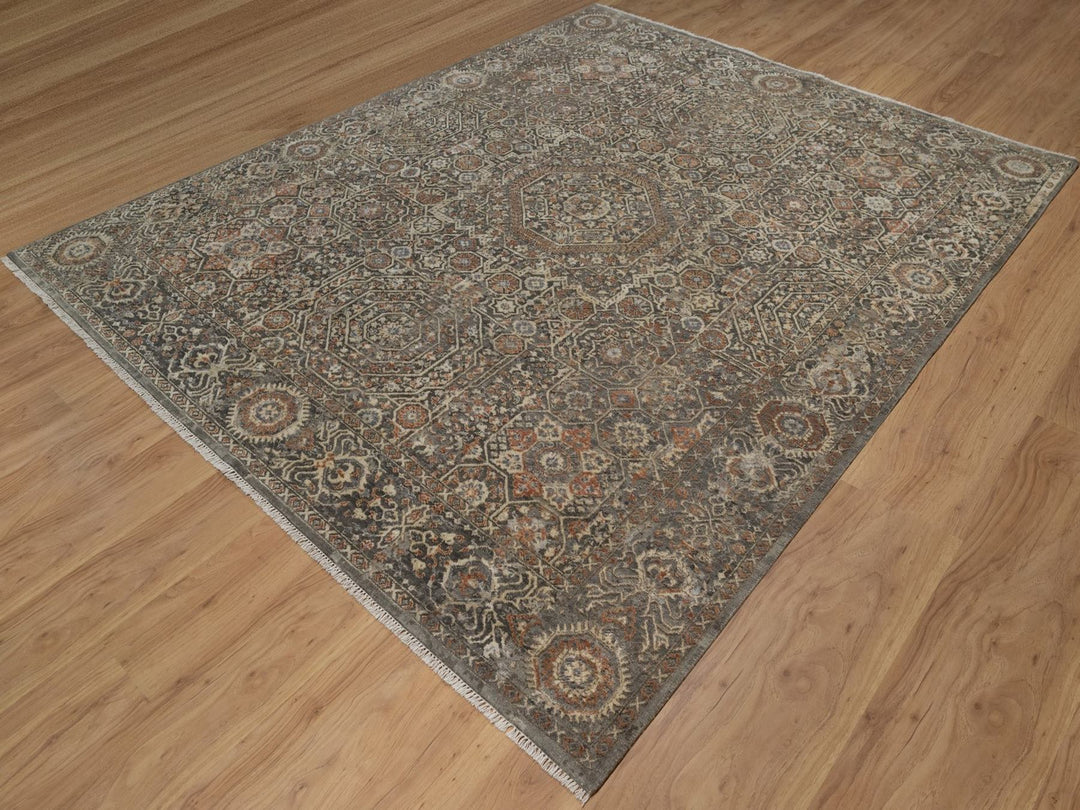 7'11" x 9'10" New Hand Knotted Grey Wool Rectangle Oriental Rug - MOA10292368