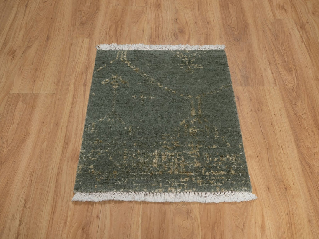 2'0" x 2'0" New Hand Knotted Green Wool & Silk Square Oriental Rug - MOA10292376