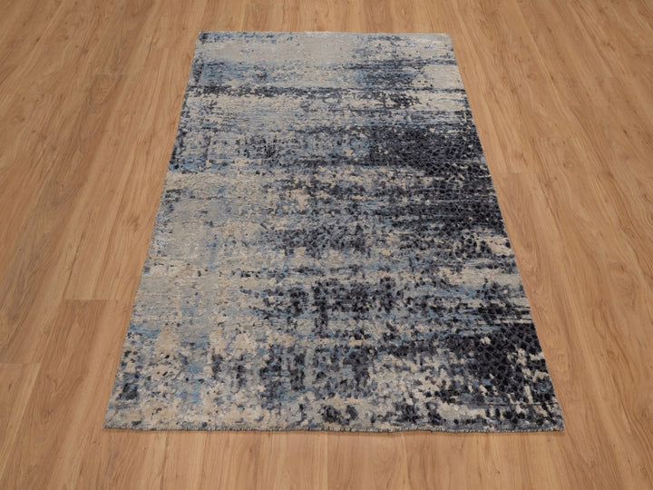 3'10" x 5'11" New Hand Knotted Grey Wool & Silk Rectangle Oriental Rug - MOA10292384