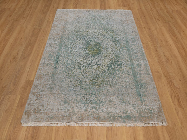 5'0" x 7'2" New Hand Knotted Green Wool & Silk Rectangle Oriental Rug - MOA10292385