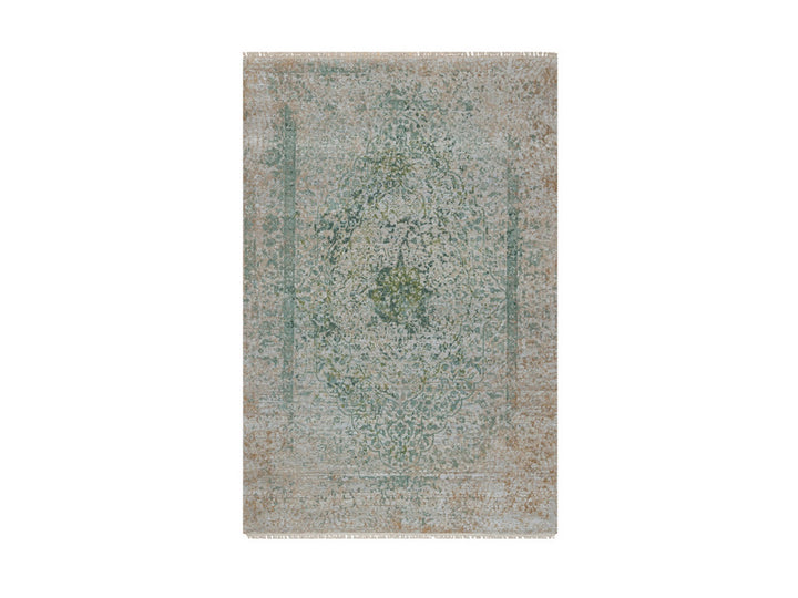 6'0" x 9'0" New Hand Knotted Green Wool & Silk Rectangle Oriental Rug - MOA10292386