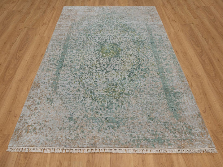 6'0" x 9'0" New Hand Knotted Green Wool & Silk Rectangle Oriental Rug - MOA10292386