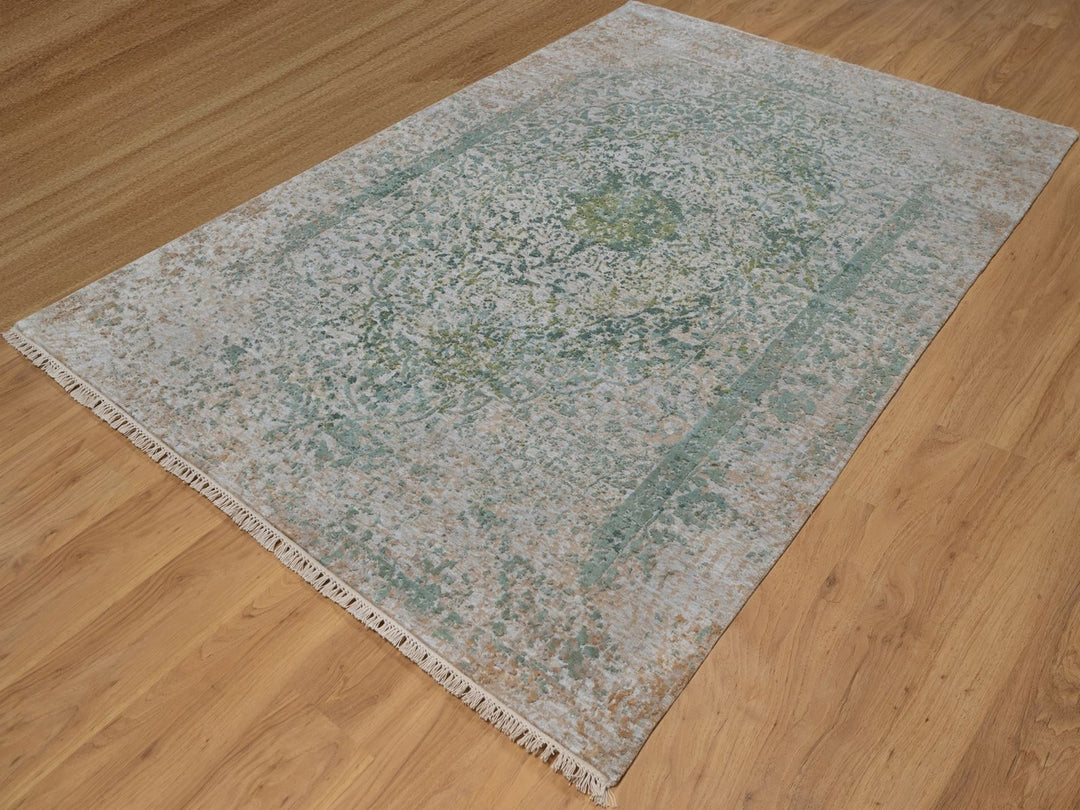 6'0" x 9'0" New Hand Knotted Green Wool & Silk Rectangle Oriental Rug - MOA10292386
