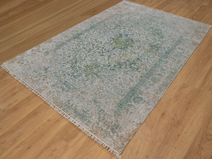6'0" x 9'0" New Hand Knotted Green Wool & Silk Rectangle Oriental Rug - MOA10292386