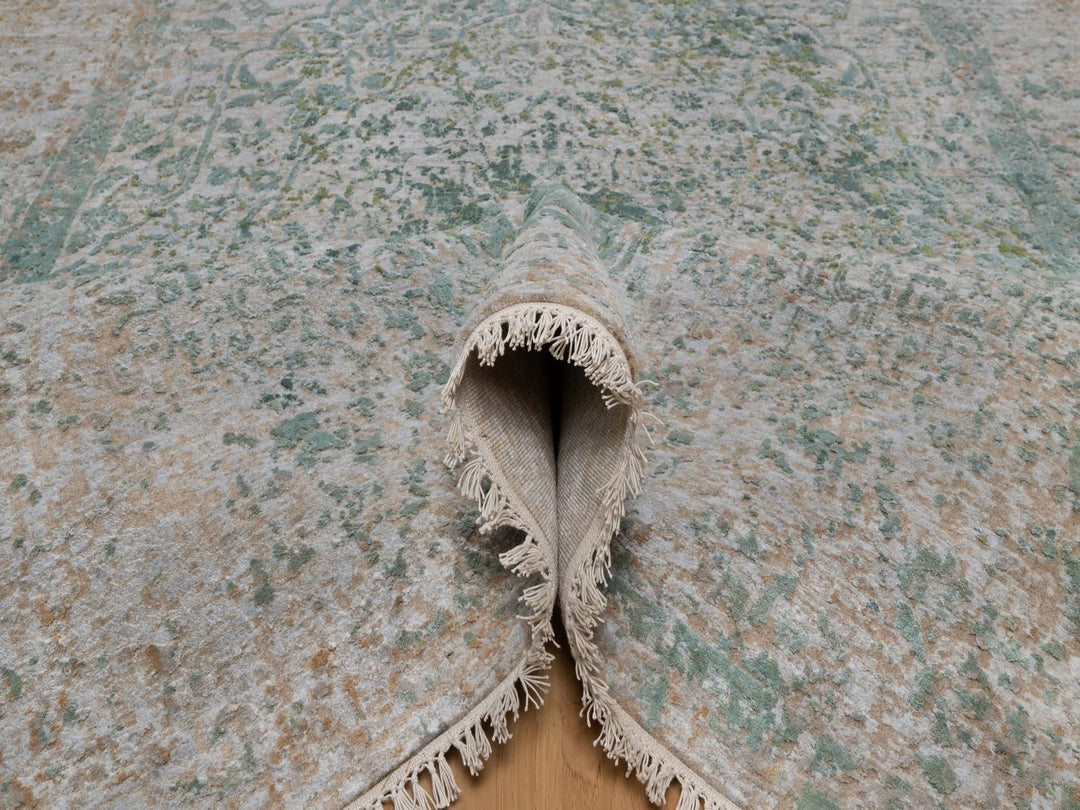 6'0" x 9'0" New Hand Knotted Green Wool & Silk Rectangle Oriental Rug - MOA10292386