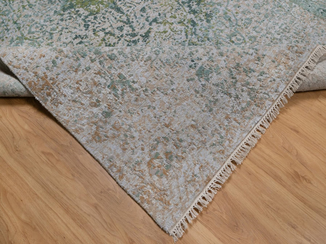 6'0" x 9'0" New Hand Knotted Green Wool & Silk Rectangle Oriental Rug - MOA10292386