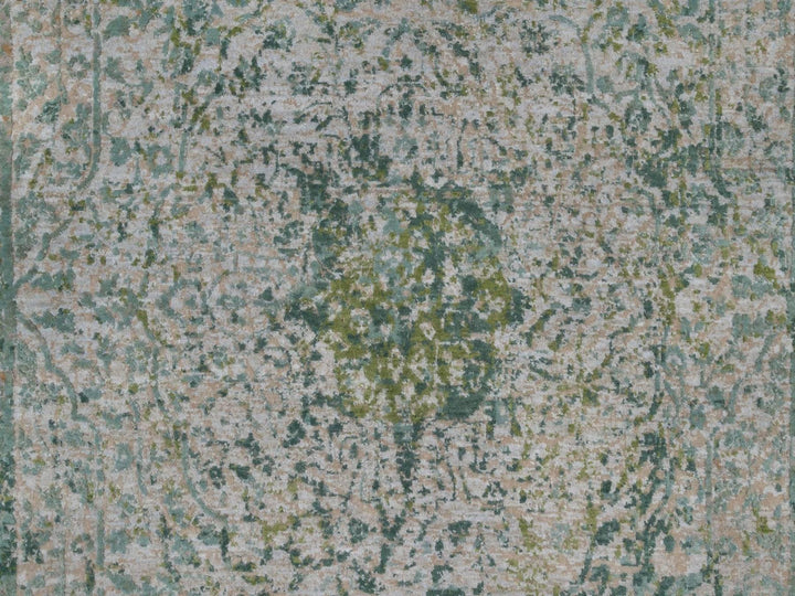 6'0" x 9'0" New Hand Knotted Green Wool & Silk Rectangle Oriental Rug - MOA10292386