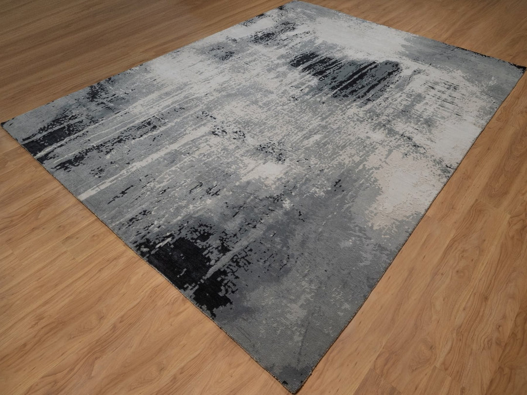 9'0" x 12'0" New Hand Knotted Ivory Wool & Silk Rectangle Oriental Rug - MOA10292388