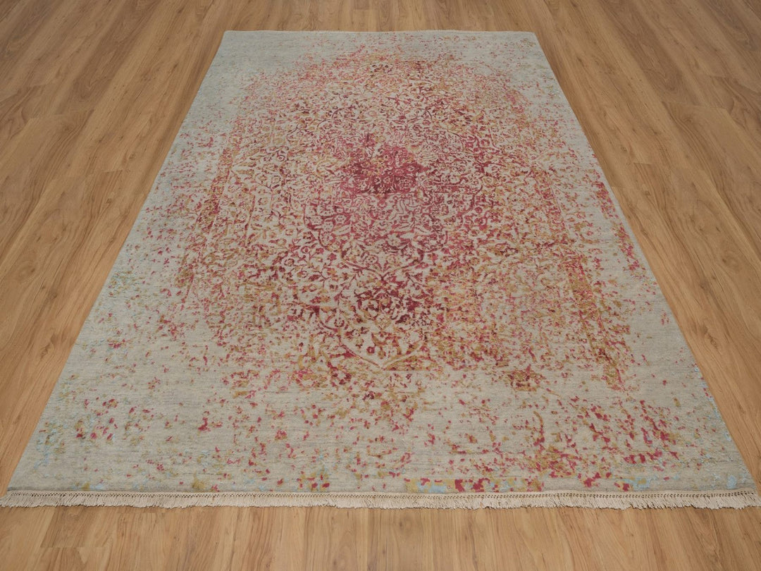 7'11" x 9'10" New Hand Knotted Pink Wool & Silk Rectangle Oriental Rug - MOA10292390