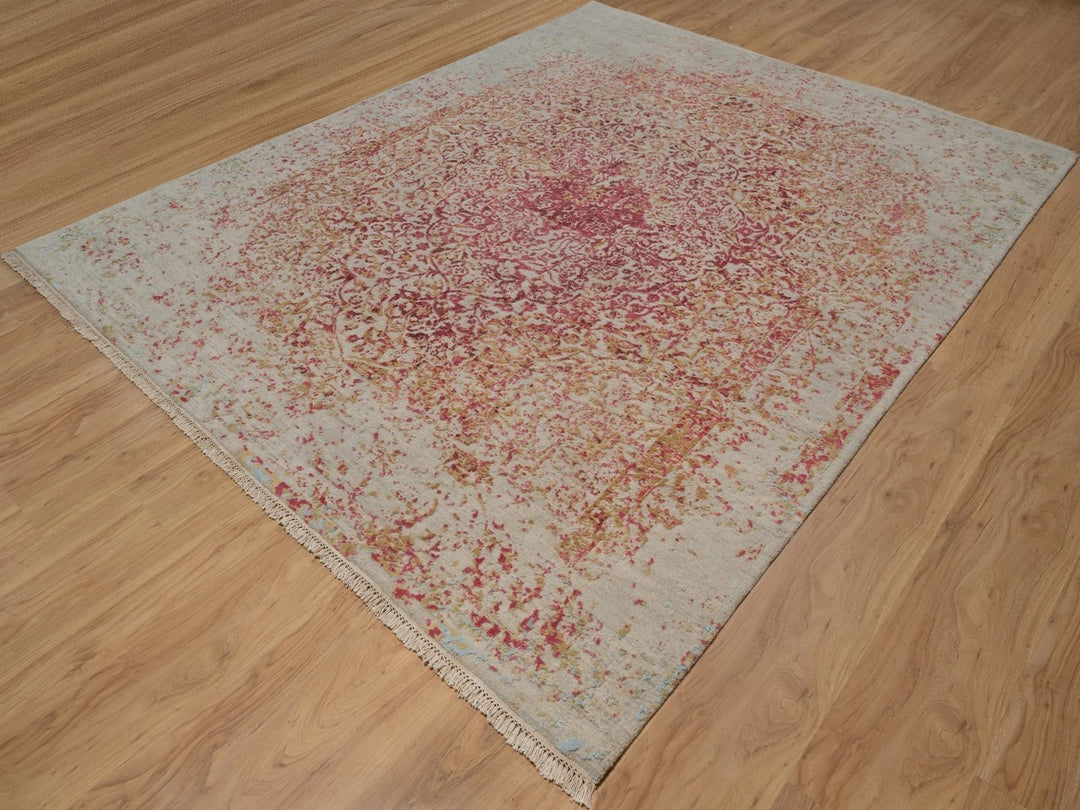 7'11" x 9'10" New Hand Knotted Pink Wool & Silk Rectangle Oriental Rug - MOA10292390