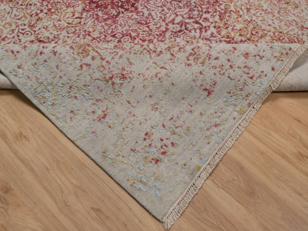 7'11" x 9'10" New Hand Knotted Pink Wool & Silk Rectangle Oriental Rug - MOA10292390