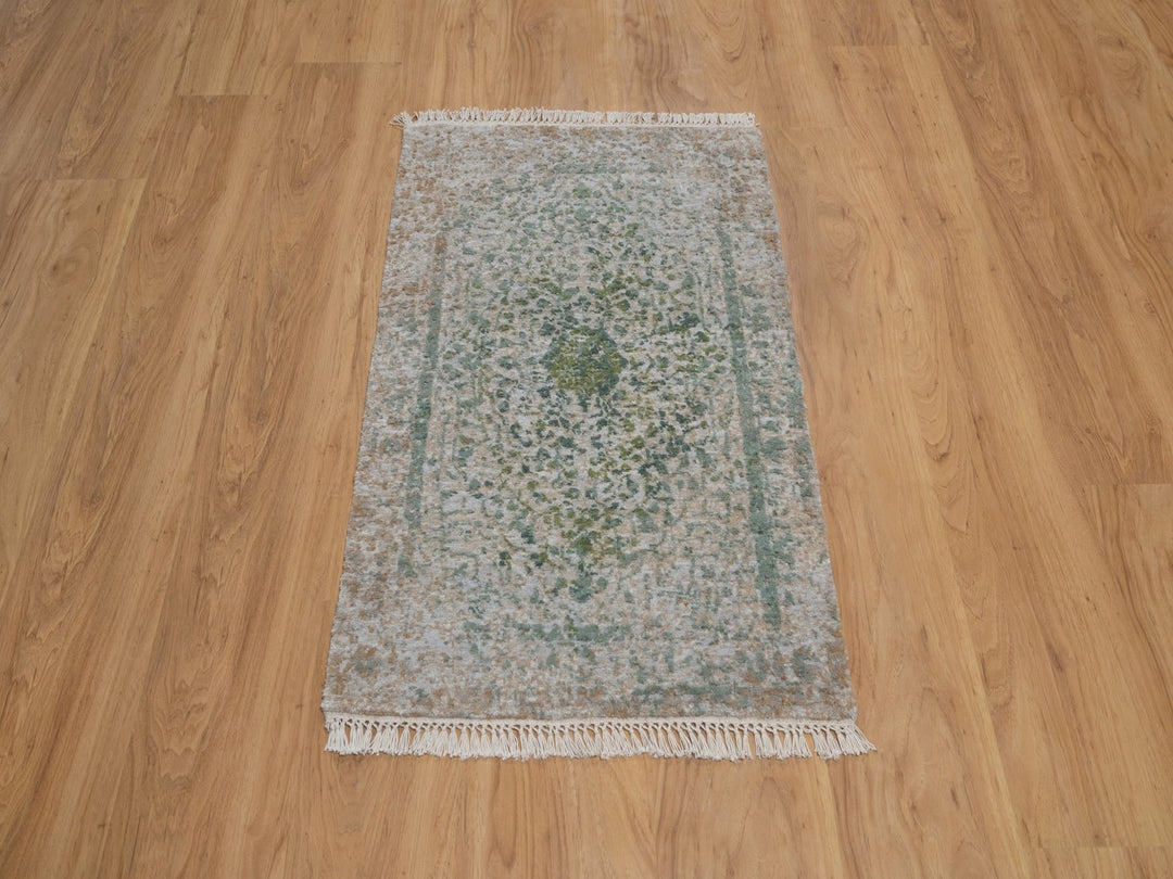 2'0" x 3'1" New Hand Knotted Green Wool & Silk Rectangle Oriental Rug - MOA10292395