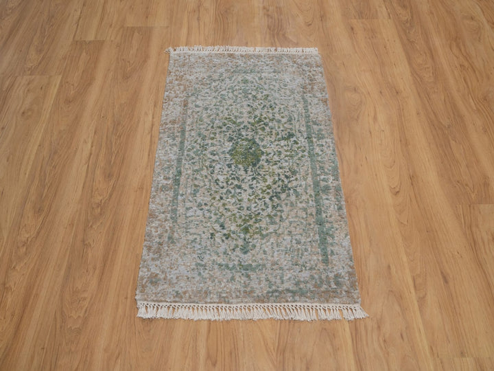 2'0" x 3'1" New Hand Knotted Green Wool & Silk Rectangle Oriental Rug - MOA10292395