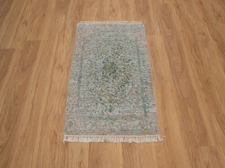 2'0" x 3'1" New Hand Knotted Green Wool & Silk Rectangle Oriental Rug - MOA10292399