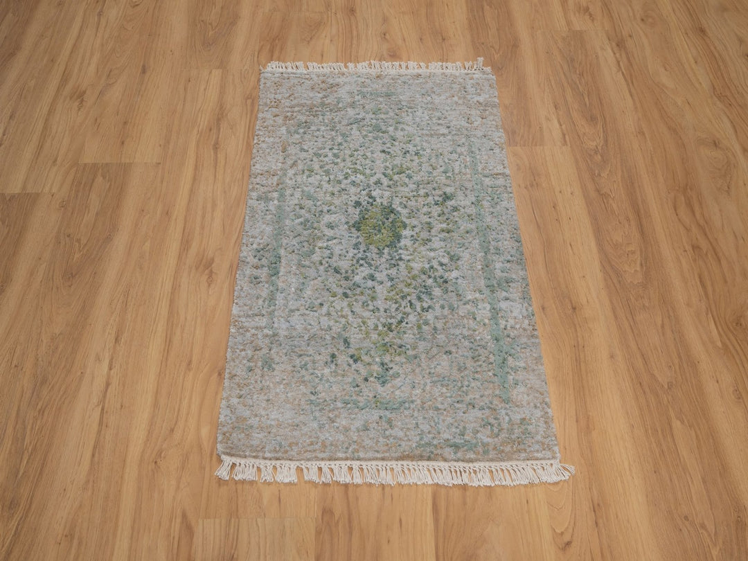 2'0" x 3'1" New Hand Knotted Green Wool & Silk Rectangle Oriental Rug - MOA10292401