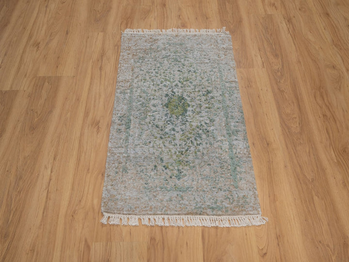 2'0" x 3'1" New Hand Knotted Green Wool & Silk Rectangle Oriental Rug - MOA10292401