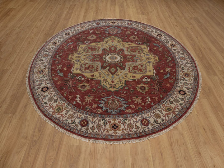 8'0" x 8'0" New Hand Knotted Red Wool Round Oriental Rug - MOA10292443