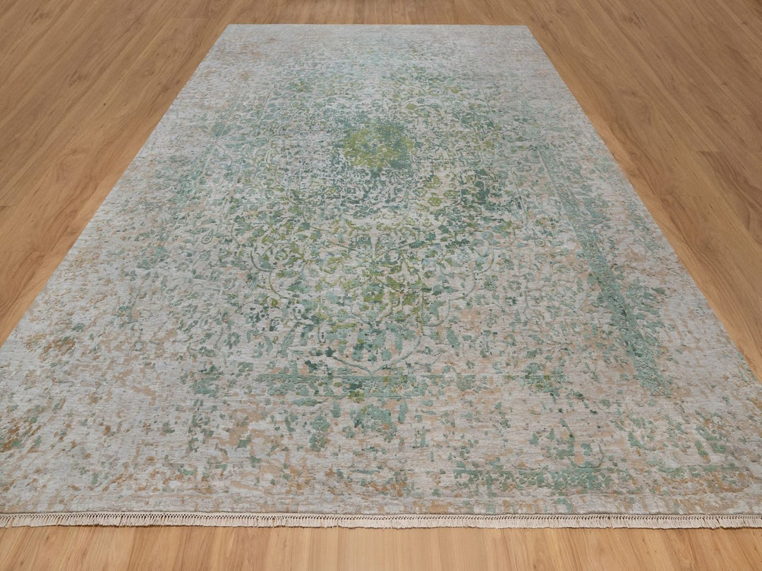 11'10" x 15'1" New Hand Knotted Green Wool & Silk Rectangle Oriental Rug - MOA10292462