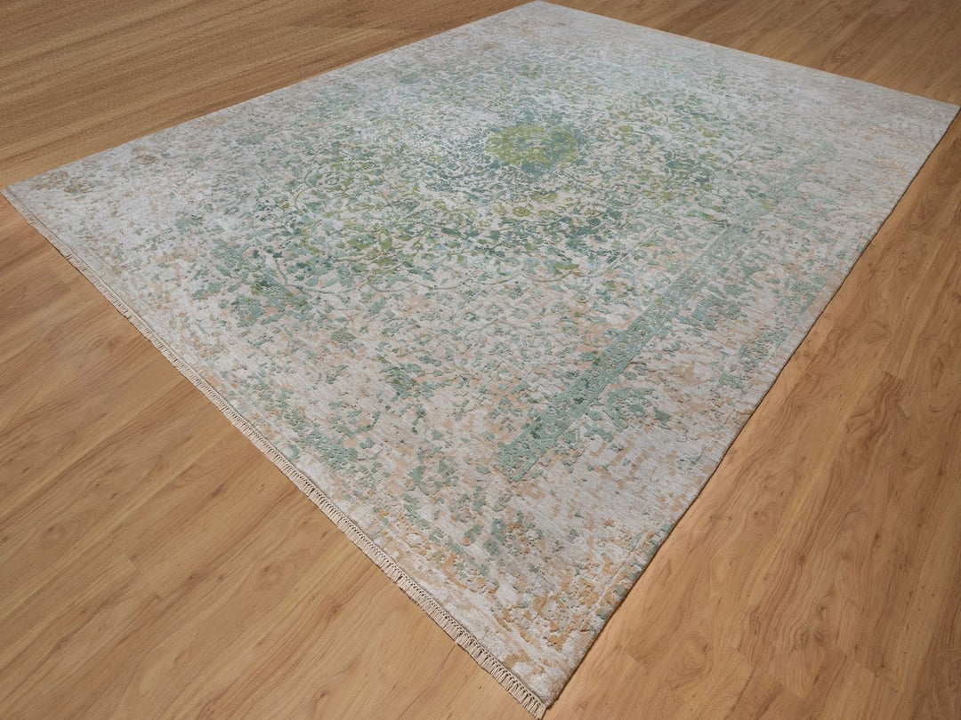 11'10" x 15'1" New Hand Knotted Green Wool & Silk Rectangle Oriental Rug - MOA10292462