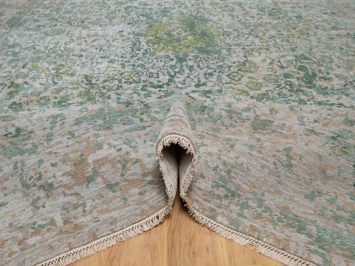 11'10" x 15'1" New Hand Knotted Green Wool & Silk Rectangle Oriental Rug - MOA10292462
