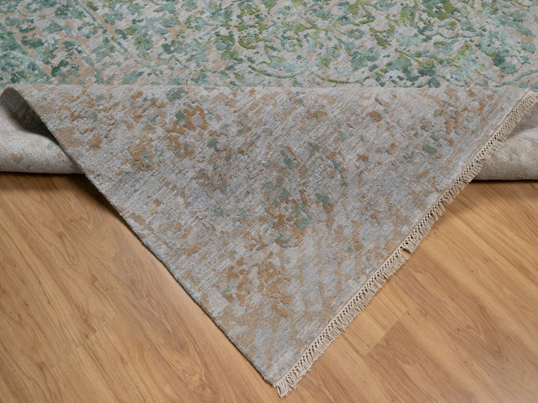 11'10" x 15'1" New Hand Knotted Green Wool & Silk Rectangle Oriental Rug - MOA10292462