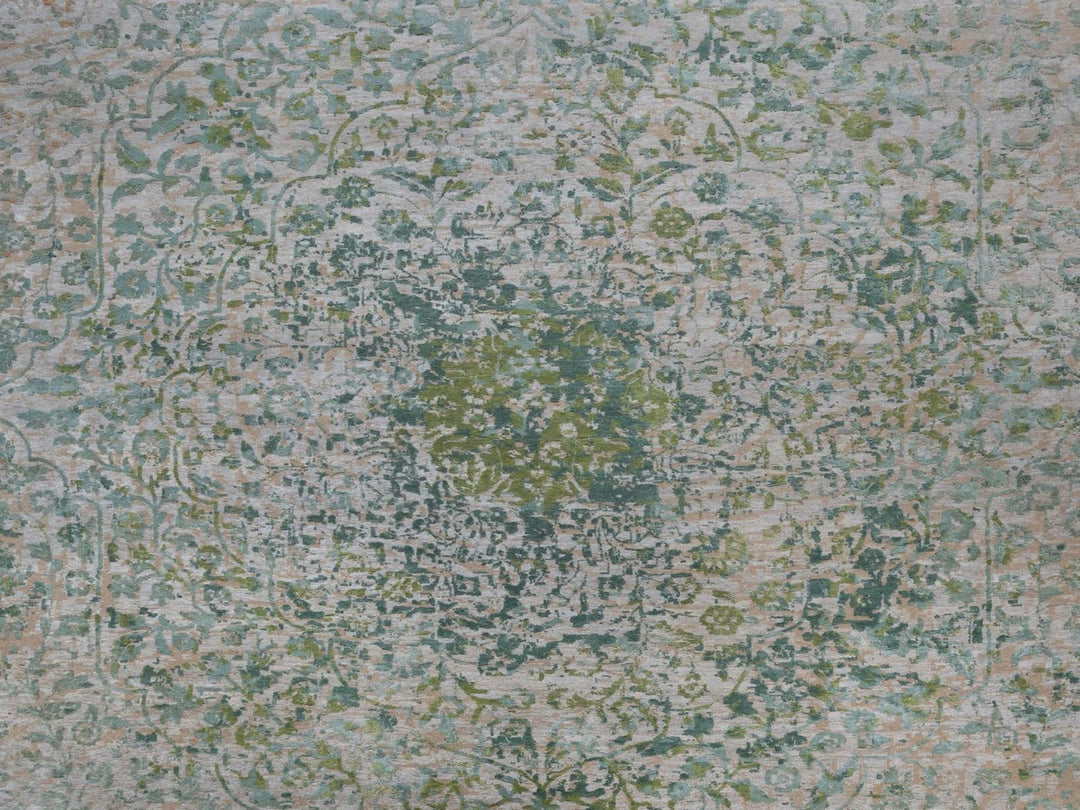 11'10" x 15'1" New Hand Knotted Green Wool & Silk Rectangle Oriental Rug - MOA10292462