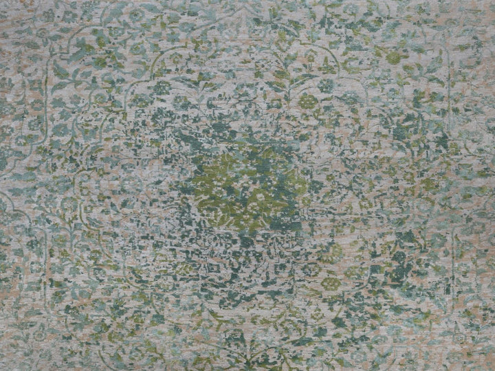 11'10" x 15'1" New Hand Knotted Green Wool & Silk Rectangle Oriental Rug - MOA10292462
