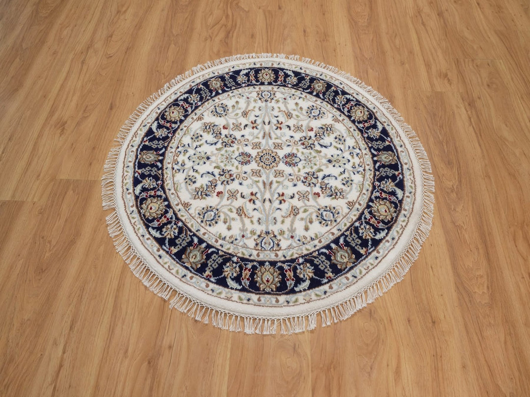 3'2" x 3'2" New Hand Knotted Ivory Wool & Silk Round Oriental Rug - MOA10292471