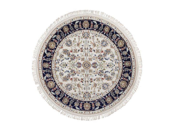 3'3" x 3'3" New Hand Knotted Ivory Wool & Silk Round Oriental Rug - MOA10292472