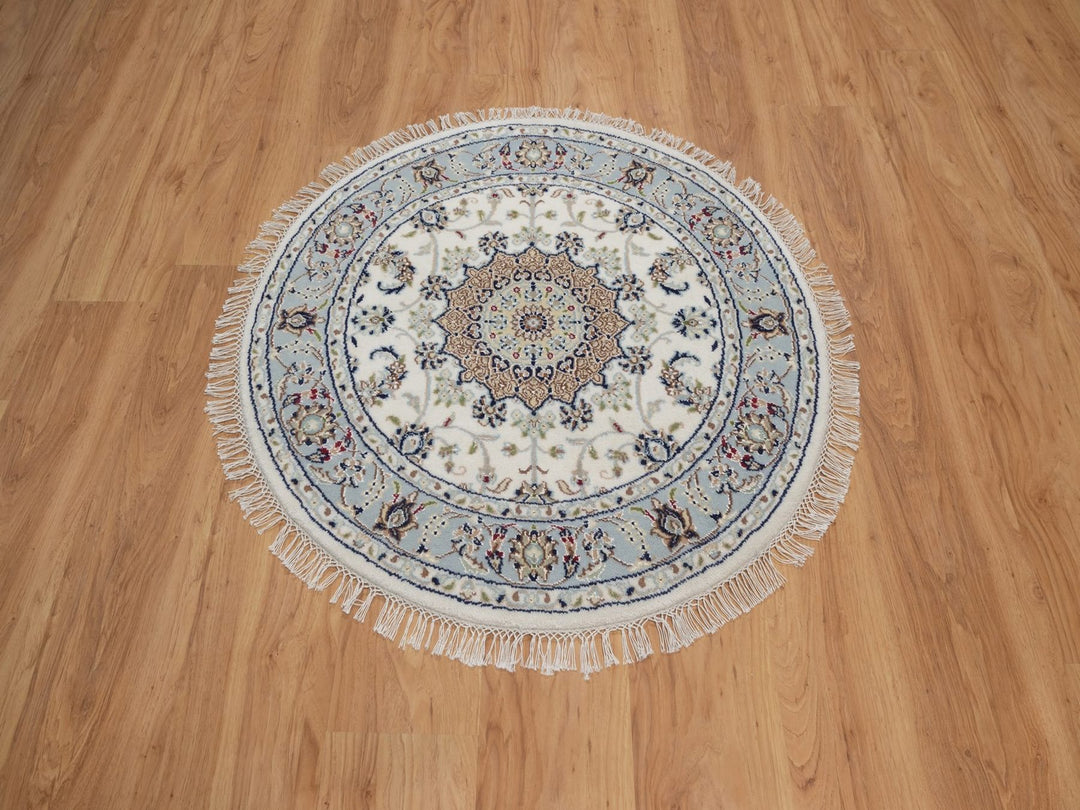 3'3" x 3'4" New Hand Knotted Ivory Wool & Silk Round Oriental Rug - MOA10292476