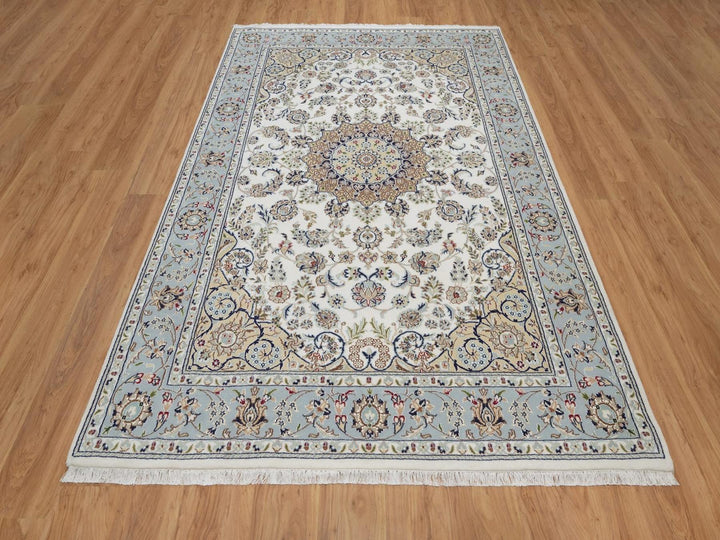 6'3" x 9'2" New Hand Knotted Ivory Wool & Silk Rectangle Oriental Rug - MOA10292477