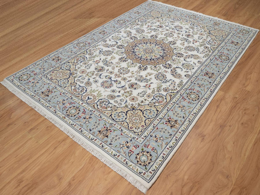 6'3" x 9'2" New Hand Knotted Ivory Wool & Silk Rectangle Oriental Rug - MOA10292477