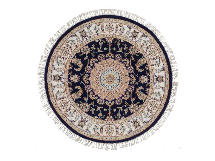 3'3" x 3'3" New Hand Knotted Blue Wool & Silk Round Oriental Rug - MOA10292479