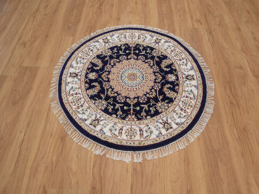 3'3" x 3'3" New Hand Knotted Blue Wool & Silk Round Oriental Rug - MOA10292479