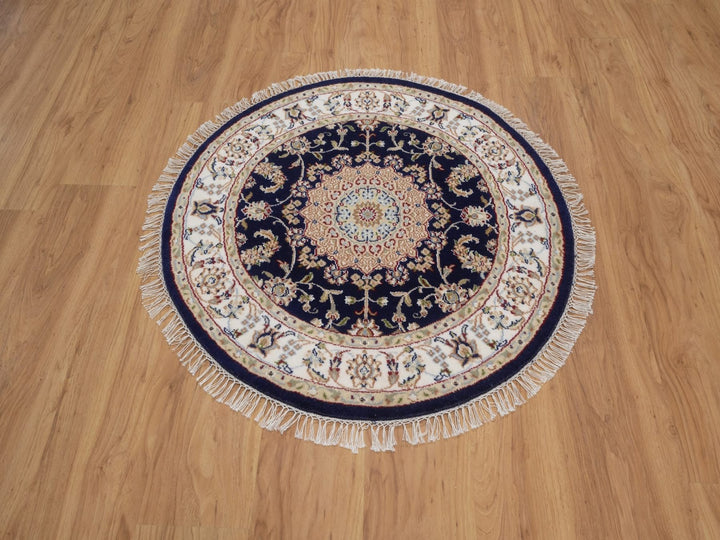 3'3" x 3'3" New Hand Knotted Blue Wool & Silk Round Oriental Rug - MOA10292479