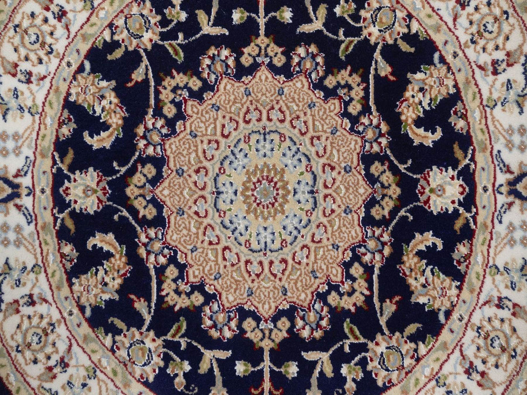 3'2" x 3'2" New Hand Knotted Blue Wool & Silk Round Oriental Rug - MOA10292480