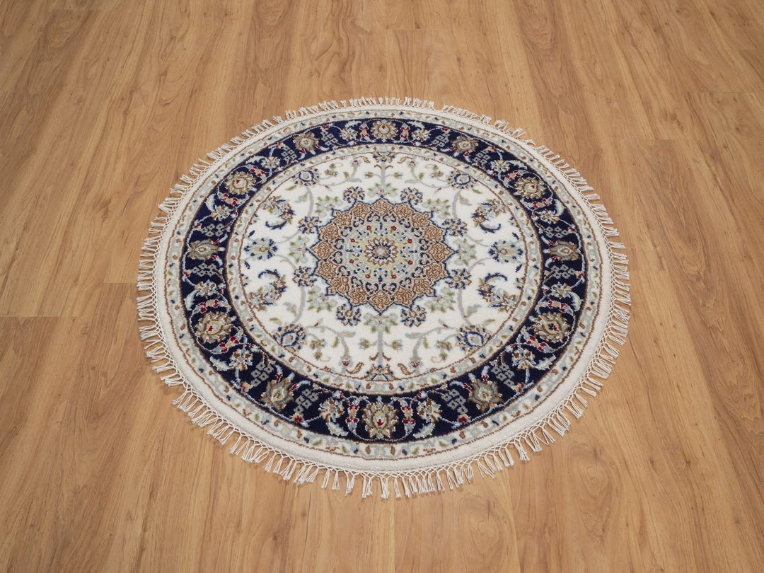 3'2" x 3'2" New Hand Knotted Ivory Wool & Silk Round Oriental Rug - MOA10292481