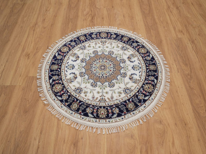 3'2" x 3'2" New Hand Knotted Ivory Wool & Silk Round Oriental Rug - MOA10292481