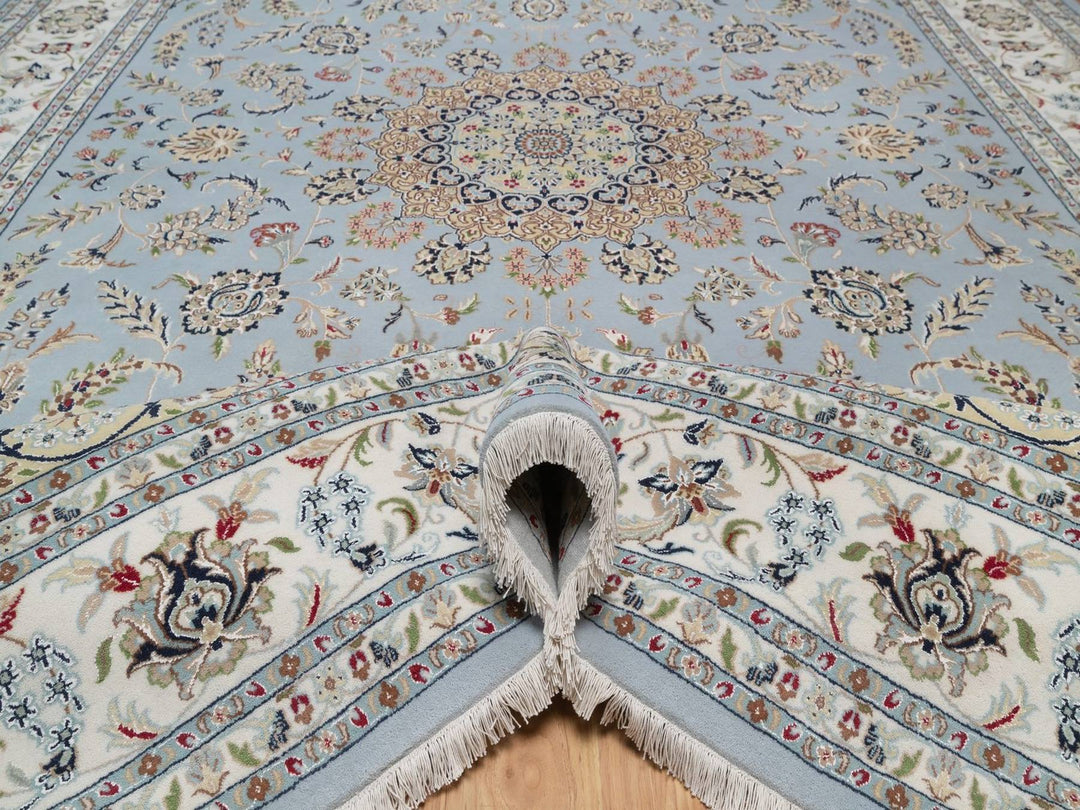 9'9" x 14'2" New Hand Knotted Blue Wool & Silk Rectangle Oriental Rug - MOA10292482