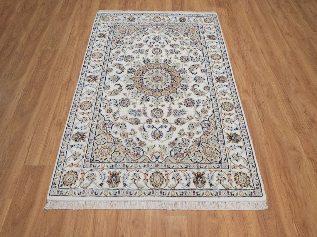 4'2" x 6'2" New Hand Knotted Ivory Wool & Silk Rectangle Oriental Rug - MOA10292483
