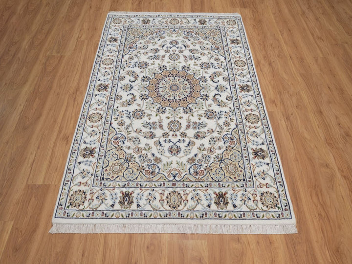 4'2" x 6'2" New Hand Knotted Ivory Wool & Silk Rectangle Oriental Rug - MOA10292483