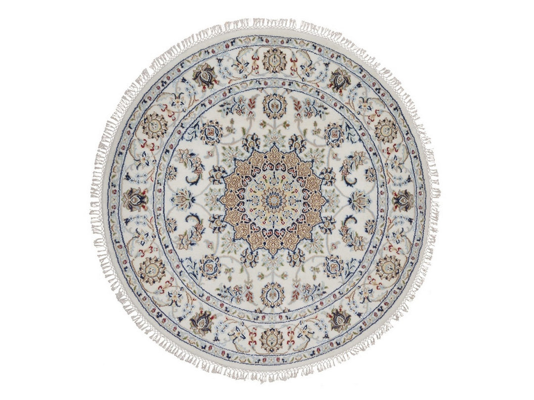 4'1" x 4'1" New Hand Knotted Ivory Wool & Silk Round Oriental Rug - MOA10292486