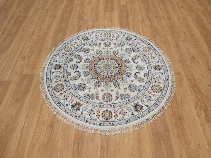 4'1" x 4'1" New Hand Knotted Ivory Wool & Silk Round Oriental Rug - MOA10292486
