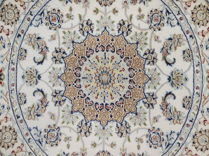 4'1" x 4'1" New Hand Knotted Ivory Wool & Silk Round Oriental Rug - MOA10292486