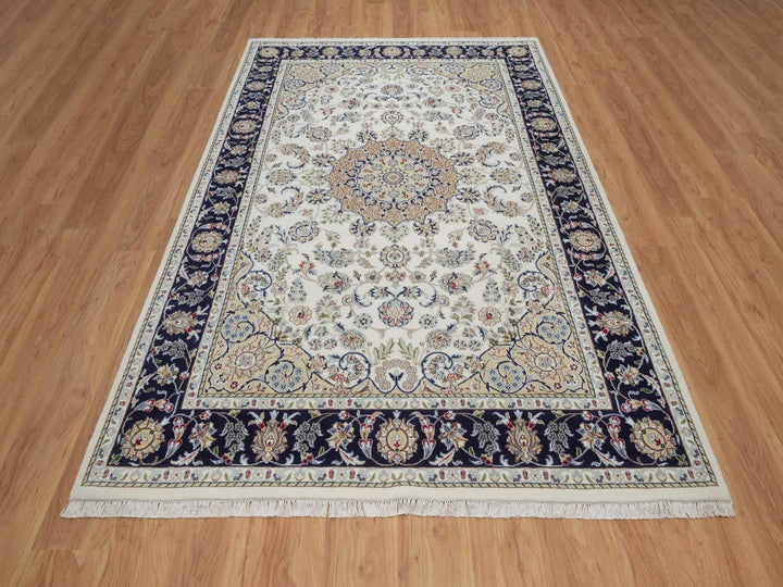 6'3" x 9'4" New Hand Knotted Ivory Wool & Silk Rectangle Oriental Rug - MOA10292491