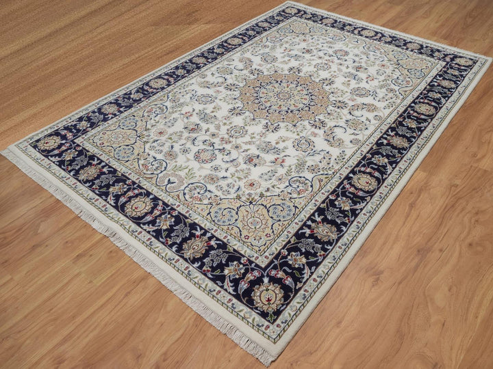 6'3" x 9'4" New Hand Knotted Ivory Wool & Silk Rectangle Oriental Rug - MOA10292491